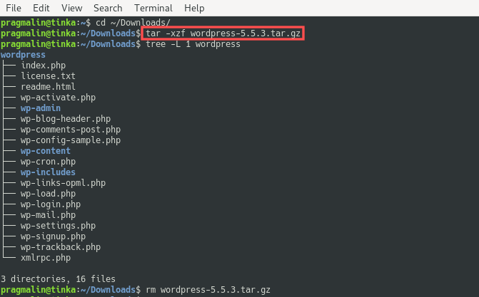 Terminal screenshot that shows how to extract the recently downloaded WordPress TAR GZ archive in Linux to setup the test environment for the remainder of the article.