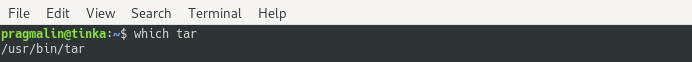 Terminal screenshot that shows the output of the which tar command. It is used to determine if the tar program is already installed on the Linux system.