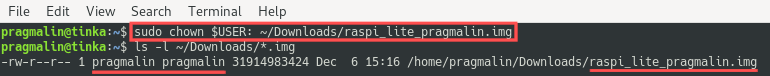 Terminal screenshot that show you how to change the owner of the image file from root to your own user.