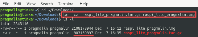 Terminal screenshot that shows how to pack the image file into a TAR GZ archive in Linux, which represents the article snapshot of the Raspberry PI operating system that we cloned.