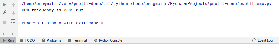 Screenshot of the PyCharm run window that shows the output of the function for retrieving the CPU frequency in MHz.