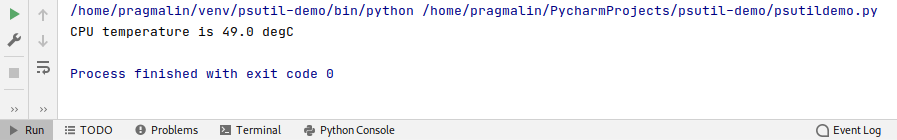 Run window screenshot in PyCharm that shows the output of the test program, reporting the current CPU temperature.