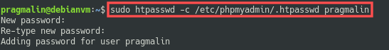 Terminal screenshot that shows how to use the htpasswd program to create a password file. The password file will be used later on to further restrict access to the phpMyAdmin web application.