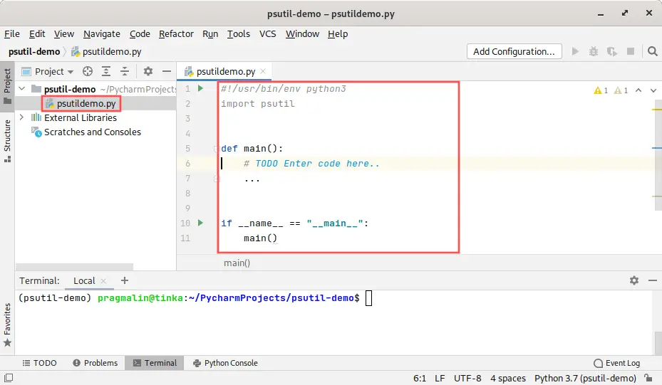 PyCharm screenshot that shows how to create a new Python file and enter the framework code for the test program.