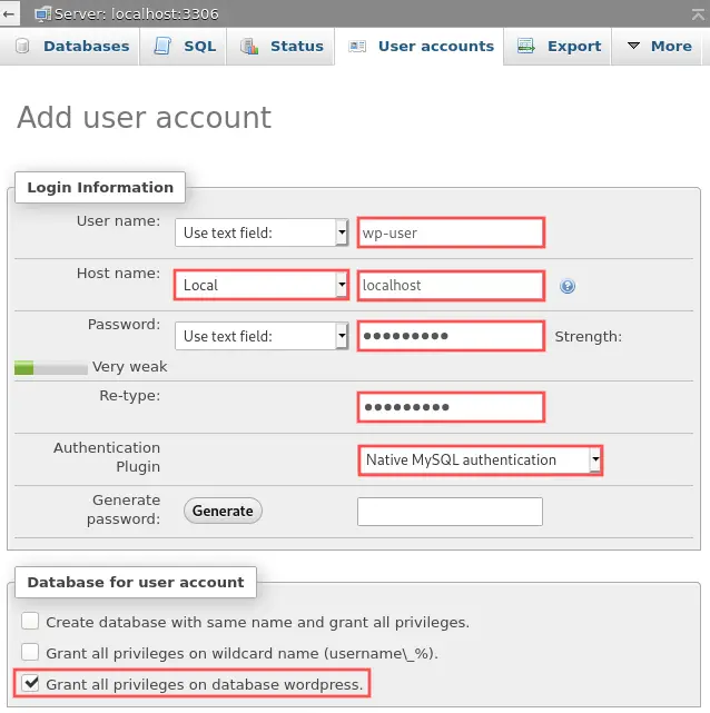 phpMyAdmin web application screenshot that shows how to create a new user account. One that only has access to one particular database.