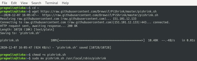 Terminal screenshot of how to download the PiShrink Bash-script and install it into directory /usr/loca/sbin/.