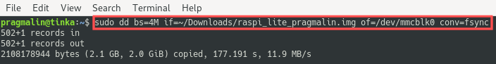 Terminal screenshot of executing the dd command again. This time it restores the previously cloned Raspberry PI operating system back to the SD card, which is assumed to be inserted into your Linux PC.