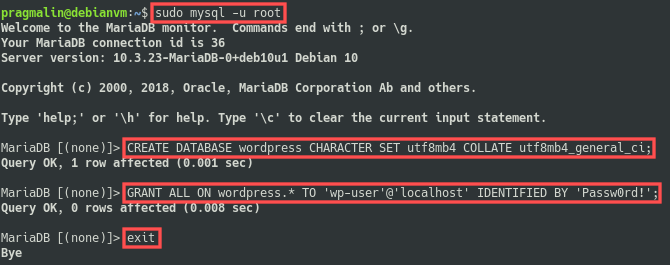 Terminal screenshot of using the MySQL monitor to create a MySQL database and user.