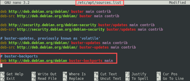 Screenshot of editing /etc/apt/sources.list with the nano text editor to add the Debian 10 buster backports repository.