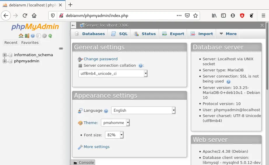 Web browser screenshot that shows what phpMyAdmin looks like after you install it on a Debian 10 web server.