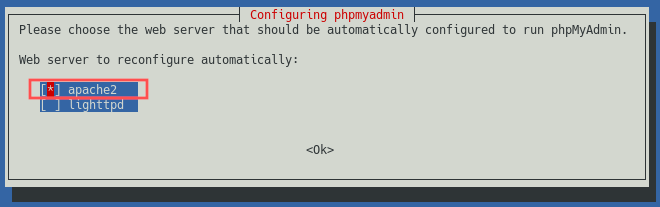 Screenshot of the phpMyAdmin installer that shows how to select apache2 as the web server to automatically reconfigure.