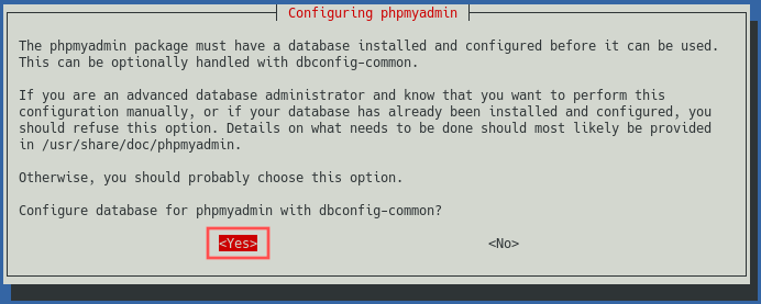 Screenshot of the phpMyAdmin installer that shows how to select yes when asked to configure the database for phpMyAdmin with dbconfig-common.