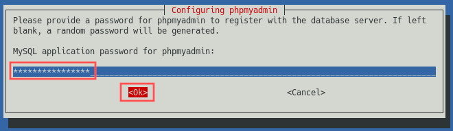 Screenshot of the phpMyAdmin installer that shows how to enter the password for the default phpmyadmin user account.