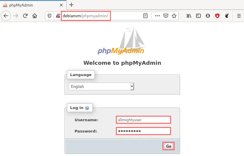 Web browser screenshot of the first time phpMyAdmin is accessed after the install on Debian 10. It shows the login page.