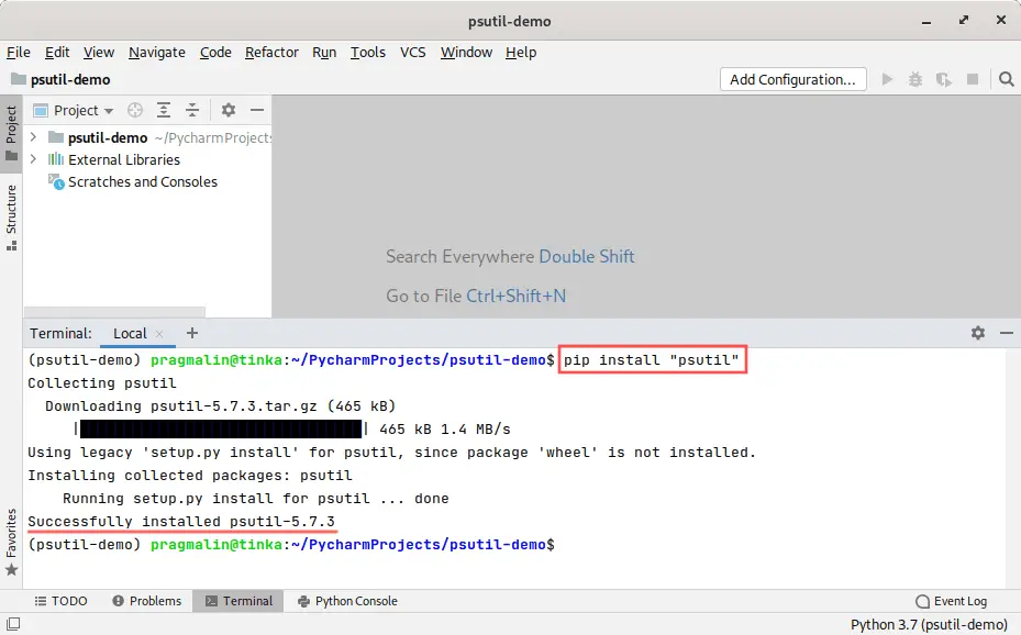 Screenshot of the PyCharm terminal window. If shows how to install the PsUtil package, which we'll use for CPU and RAM usage monitoring, into the Python virtual environment.