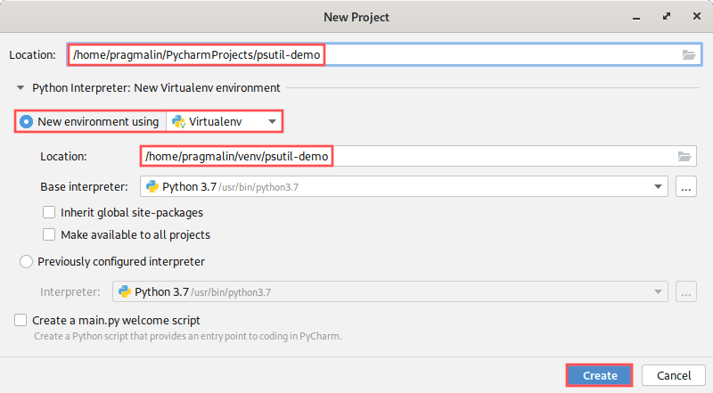 PyCharm screenshot of the new project dialog. It shows how to create a new project and automatically create a new Python virtual environment for the project.