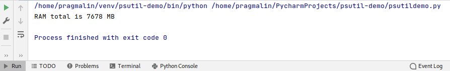 Python test program output that shows how to obtain the total amount of RAM installed on the system.