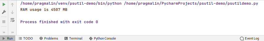 Screenshot that shows the output of testing the function for reading the current RAM usage in megabytes.