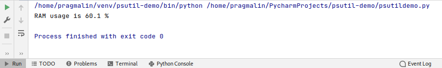 Python test program output that shows how to reports the current RAM usage as a percentage.