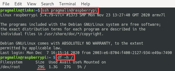 Terminal screenshot of SSH-ing into the Raspberry PI, after restoring the snapshot. Afterwards the "df -h /" command is executed to proof that the root file system as automatically expanded again.