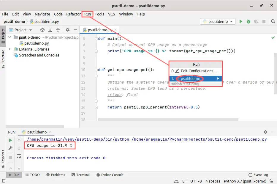 Screenshot of how to run the test program. It demonstrates how to obtain the CPU usage, with the help of PsUtil, from your own Python program.