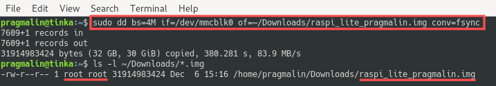 Terminal screenshot showing you how to run the dd command to clone the SD card contents and write it to an image file on your Linux PC.