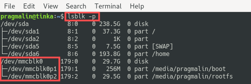 Terminal screenshot of the "lsblk -p" command output to identify the SD card device name. The SD card device name is needed for the clone operation on your Linux PC.