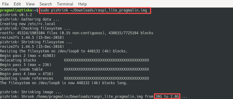 Terminal screenshot of using the PiShrink Bash-script on Linux for shrinking the Raspberry PI root file system, contained in the image file that we just cloned.