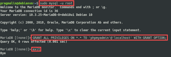 Screenshot of the MySQL monitor that illustrates how to grant all privileges to the default phpmyadmin user account.