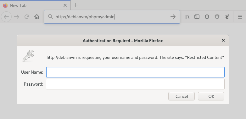 Web browser screenshot of trying to access the phpMyAdmin web application. This time a dialog appears where you need to enter an extra username and password. This shows that the extra protection layer of phpMyAdmin works, which also completes the install of it on the Debian 10 web server.