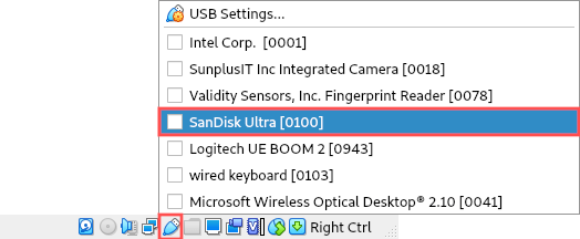 This screenshot shows how to attach a USB stick to a virtual machine.