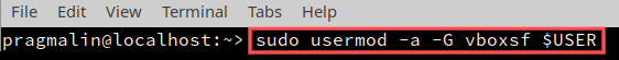 Screenshot that show how you can add your user to the vboxsf group. The issued command is "sudo usermod -a -G vboxsf $USER".