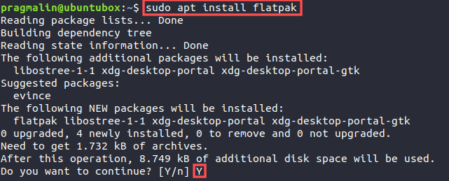 Terminal screenshot illustrating how to install the flatpak utility program on Ubuntu. It shows the output of command "sudo apt install flatpak".