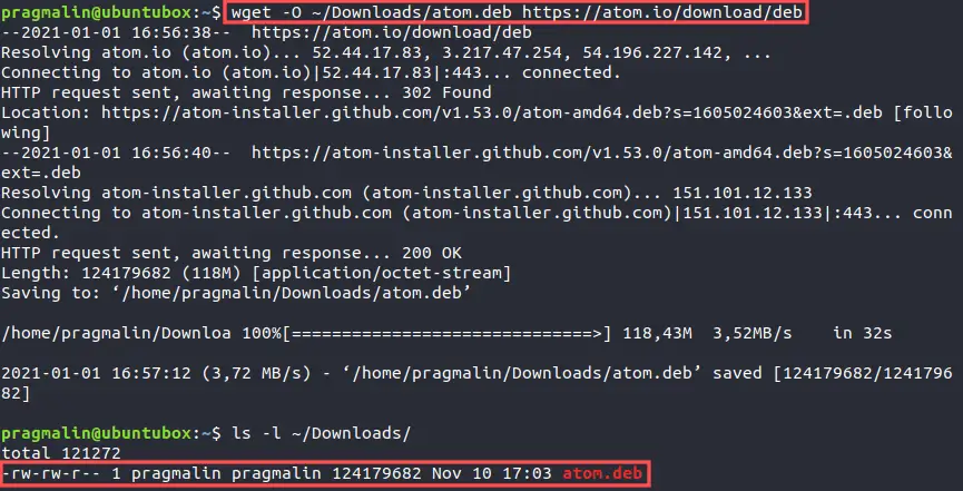 Terminal screenshot of downloading the Atom editor DEB package with WGET.