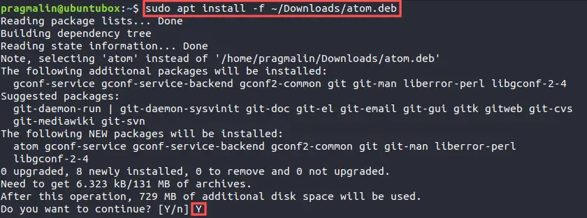 Terminal screenshot that shows how to manually install the Atom editor DEB package with APT.
