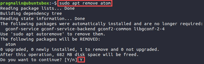 Terminal screenshot that shows how to remove a previously installed DEB package with APT.