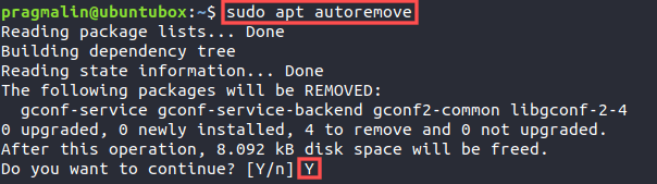 Terminal screenshot that shows how to run the APT autoremove command for removing package dependencies that are no longer needed on your system.