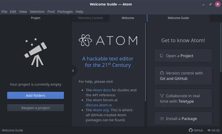 Screenshot that shows what the Atom editor looks like, when you run it for the first time.