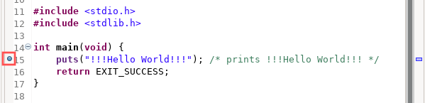 Screenshot of the source code editor in Eclipse CDT on Linux. It specifically highlights the gutter to show where you double-click to set a breakpoint on a specific line of code.