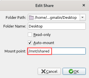 Screenshot of the "Edit Share" dialog of the VirtualBox VM settings. It shows how you can enter a custom mount point for the shared folder.