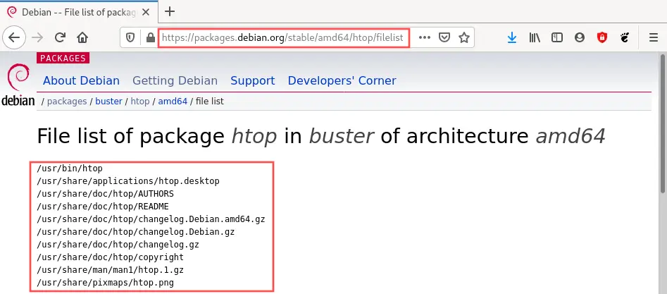 Browser screenshot that shows the file list of the HTOP DEB package from the online Debian repository.