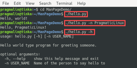 Terminal screenshot showing you how to run the hello.py example Pytonh script.