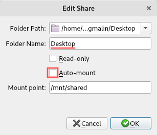 Screenshot of the "Edit Share" dialog box. It highlights how to turn off the auto-mount feature.