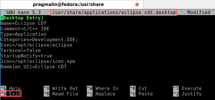 Terminal screenshot that shows you how to create an application launcher for Eclipse CDT, with the Nano text editor. Storing this file in /usr/share/applications make a shortcut to Eclipse CDT available in your desktop environment's application menu.