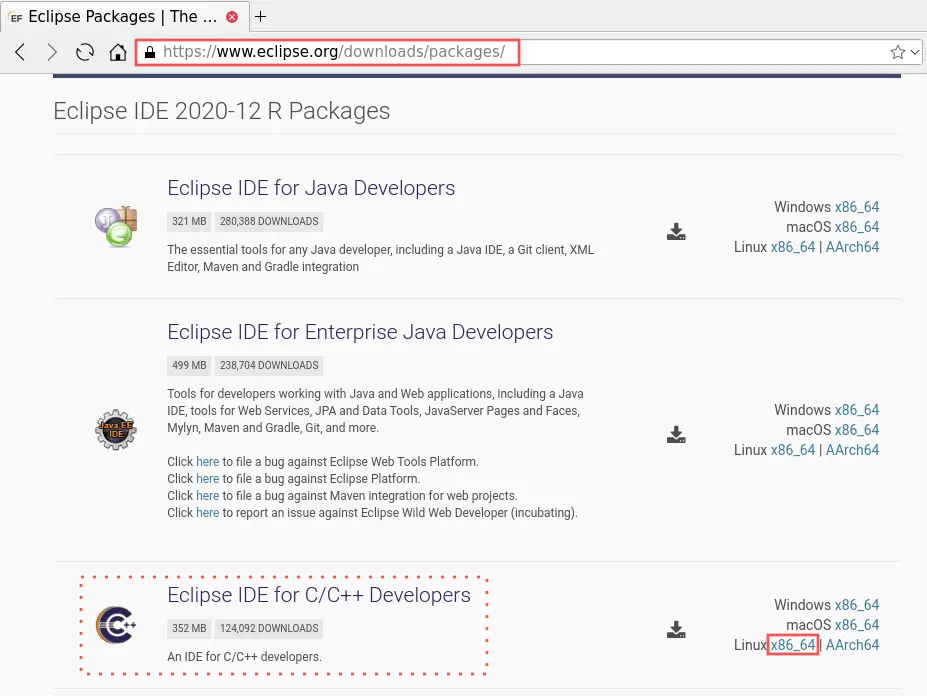 Web browser screenshot that shows where you can download the Eclipse IDE for C/C++ Developers package from the Eclipse website. On this page you can find an Eclipse download link for Linux that already comes bundled with the CDT plugin.