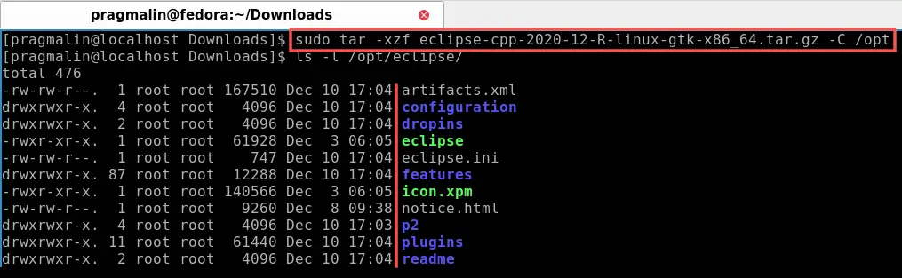 Terminal screenshot that shows you how to install Eclipse CDT in the /opt directory of your Linux system. You basically just extract the downloaded Eclipse TAR GZ archive.