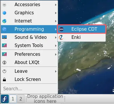 Desktop screenshot that shows the presence of the Eclipse CDT program shortcut in the application menu, after we created the launcher for it.