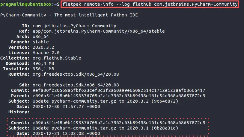 Screenshot of using the flatpak command to list all available commits (or versions) of a specific Flatpak application. In this case PyCharm Community Edition was uses as an example.