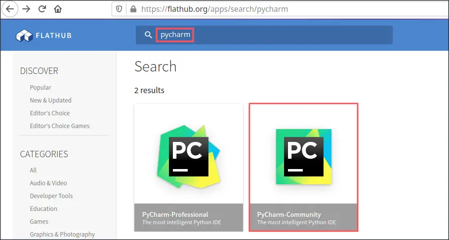Browser screenshot of the Flathub website. It shows the search results for term "pycharm".