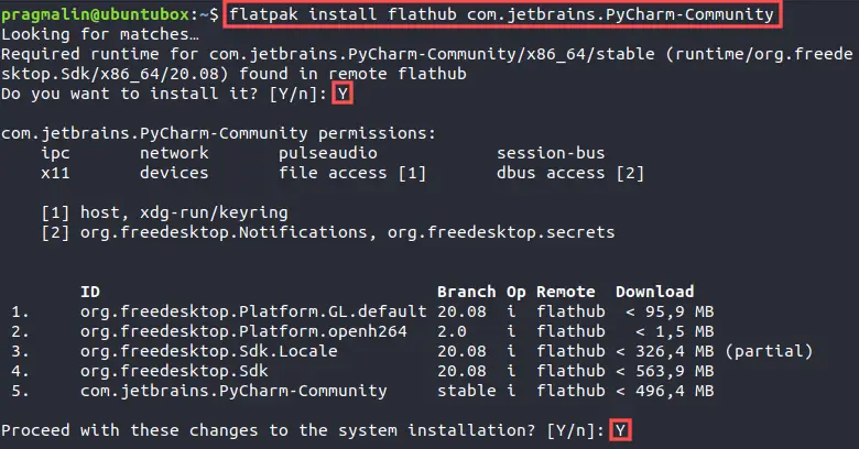 Terminal screenshot showing the output of the install operation for the PyCharm Community Edition Flatpak from the Flathub online repository.